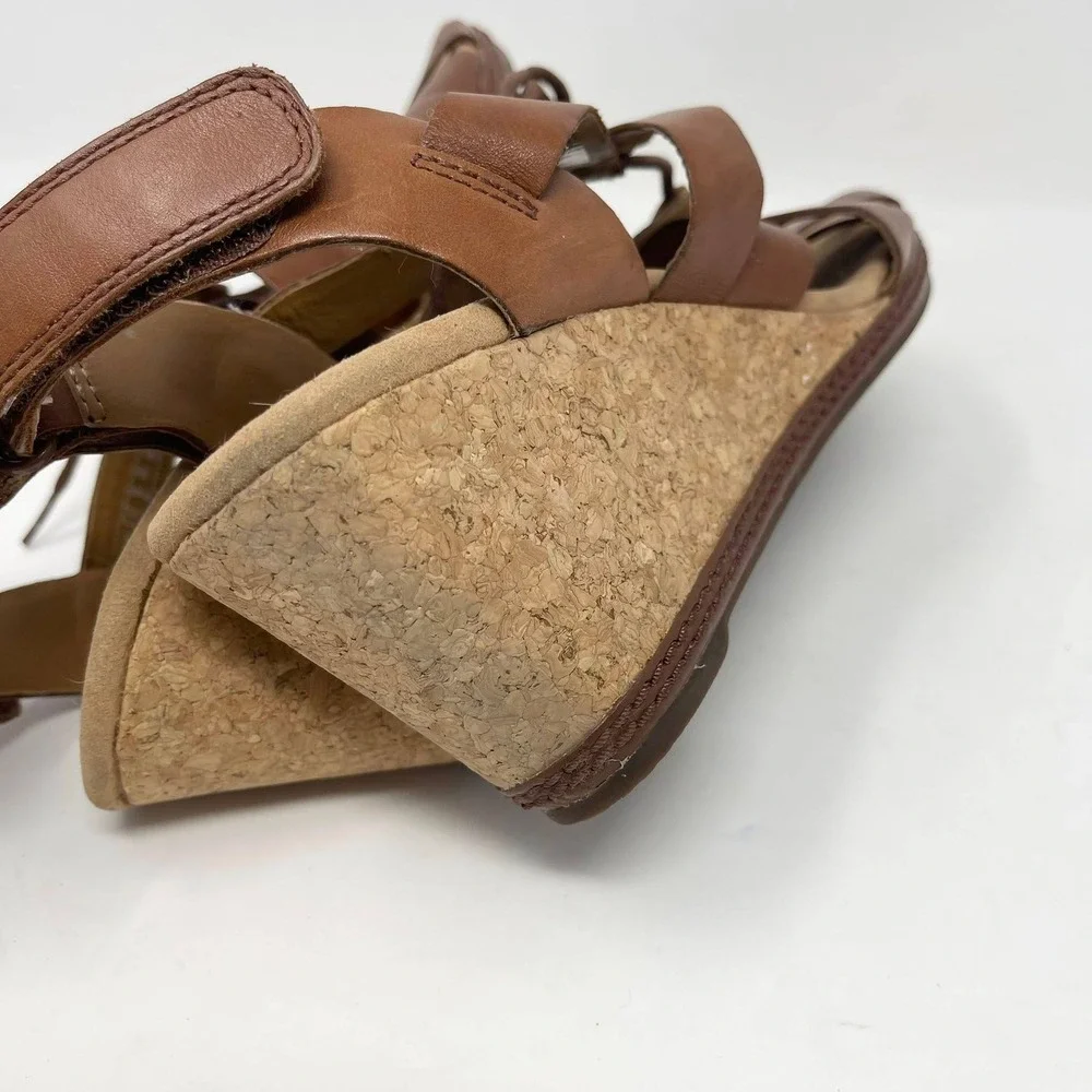 Clarks Helio Mindin Lace Up Cork Wedge Sandals Wms 10 Brown Leather Soft Cushion